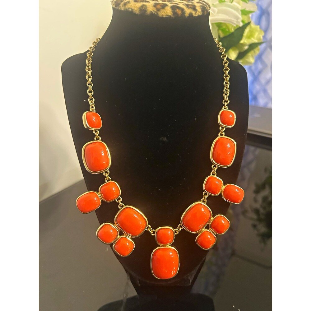 Monet Signed Gold Tone Orange Statement Cable Chain Necklace